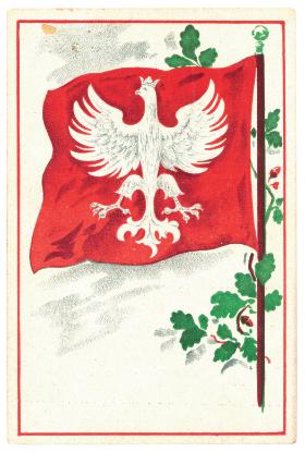 Pocztówka patriotyczna z wizerunkiem Orła Białego na sztandarze, początek XX w.