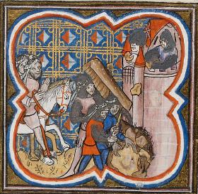 Muzułmański wojownik osłania tarczą saperów podkopujących mury Akki, ilustracja z XIV-wiecznego manuskryptu.