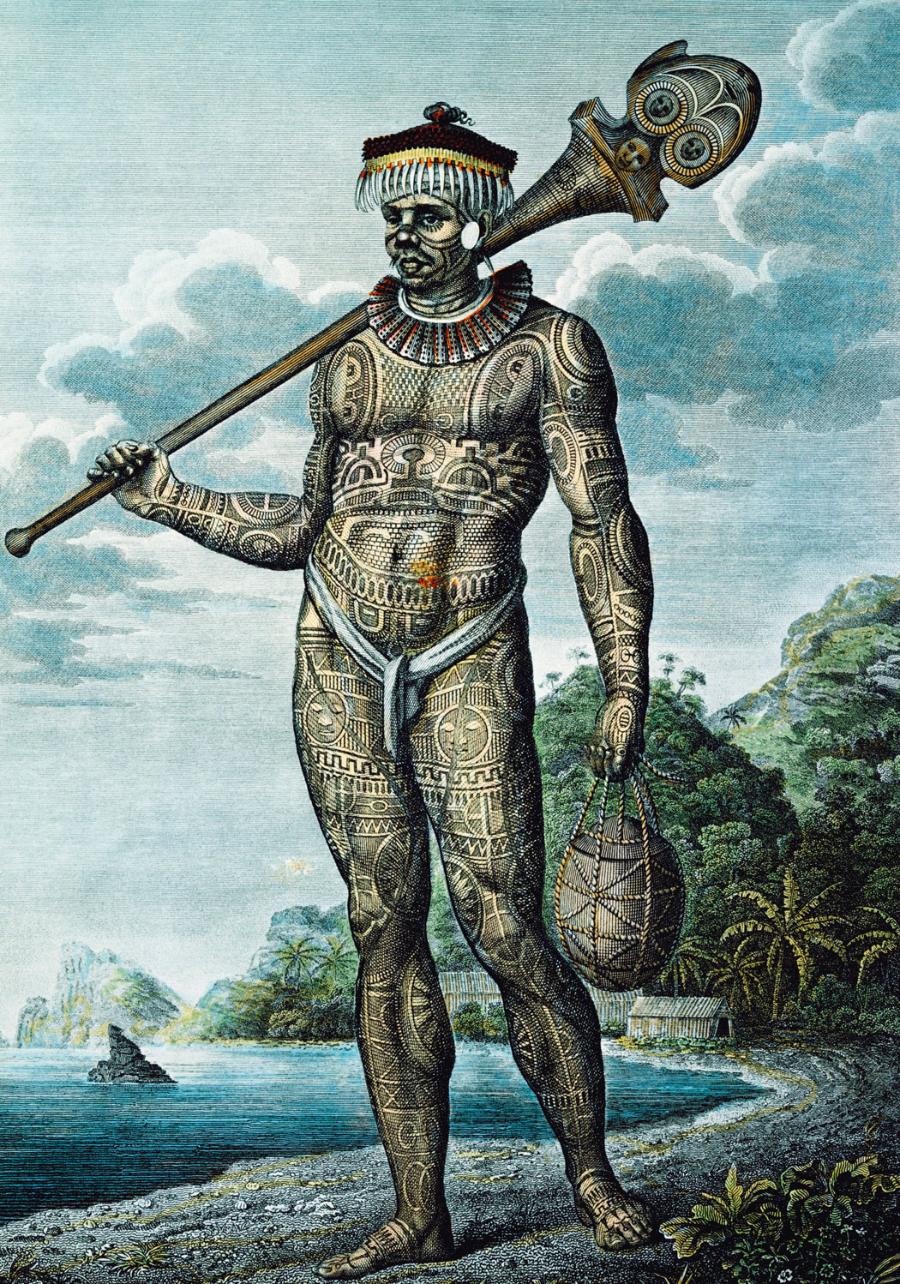 Szaman maoryski z Nowej Zelandii – grafika z książki opisującej podróż dookoła świata na początku XIX w.