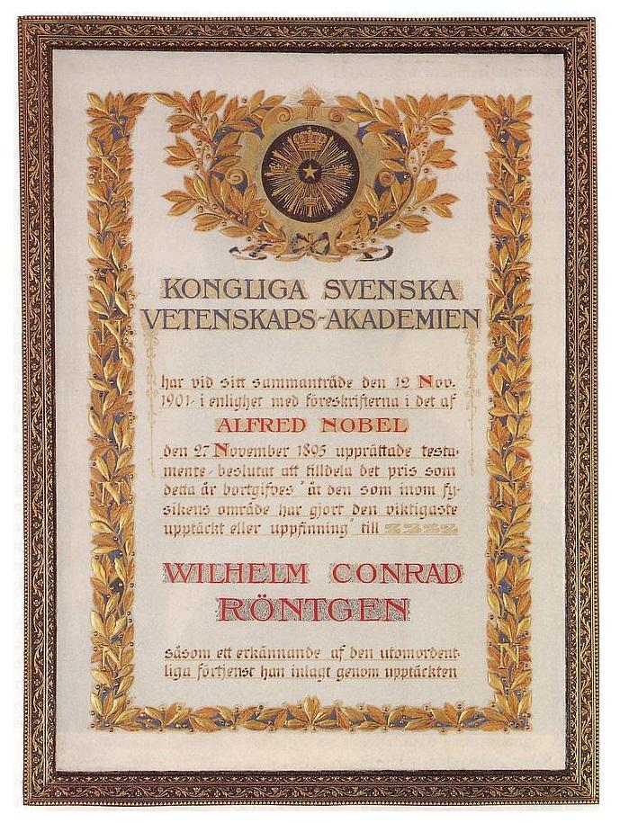 Wszyscy laureaci Nagrody Nobla otrzymują specjalny kaligrafowany dyplom. Na zdjęciu dyplom, który w 1901 roku odebrał Wilhelm Conrad Röntgen.
