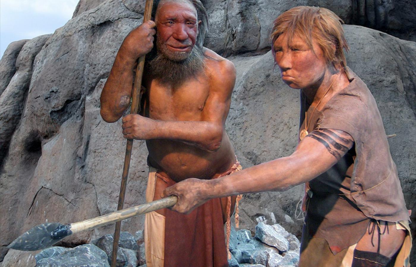 Para Neandertalczyków. Rekonstrukcja z Muzeum Neandertalczyka. Dusseldorf. Niemcy.