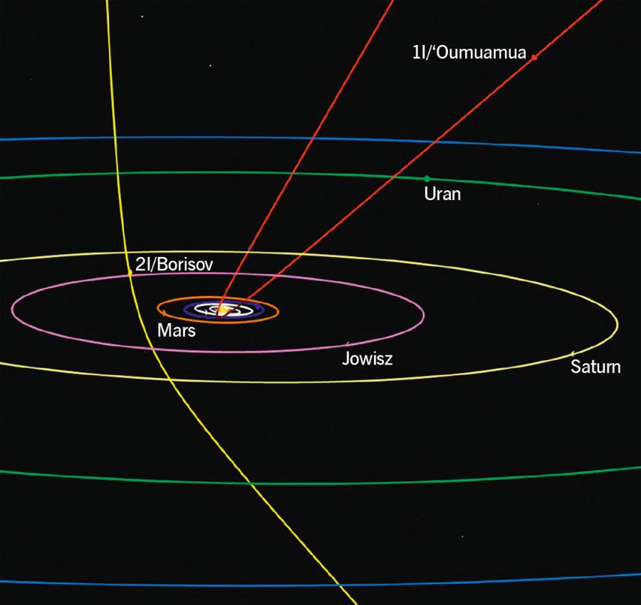 Trajektorie lotu komety 2I/Borisov (żółta) i 1I/‘Oumuamua (czerwona), a także ­orbity planet Układu Słonecznego.
