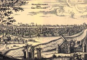 Okno Rusi na Zachód – panorama Nowogrodu Wielkiego z czasów przynależności miasta do Hanzy; grafika z XVII w.