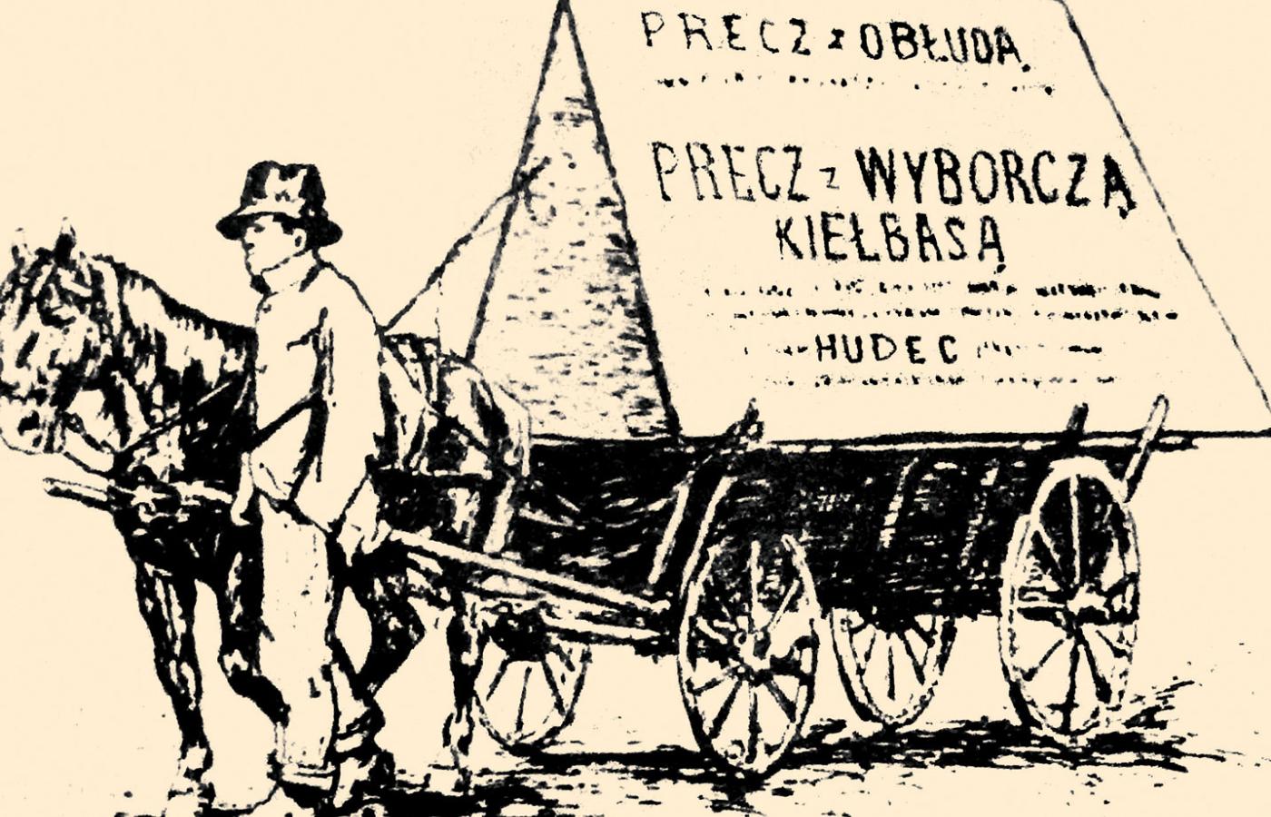 Reklama mobilna z początku XX w. na rysunku Leonarda Winterowskiego „Wybory w Galicji”.