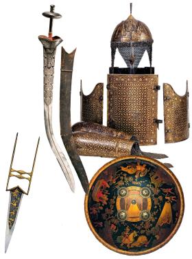 Srebrny miecz rytualny z połowy XIX w. i pancerz zdobiony złotem z XIX w., oraz skórzana tarcza dekorowana motywami polowania, ze zbrojowni w Dźajpurze, XVIII lub XIX w.