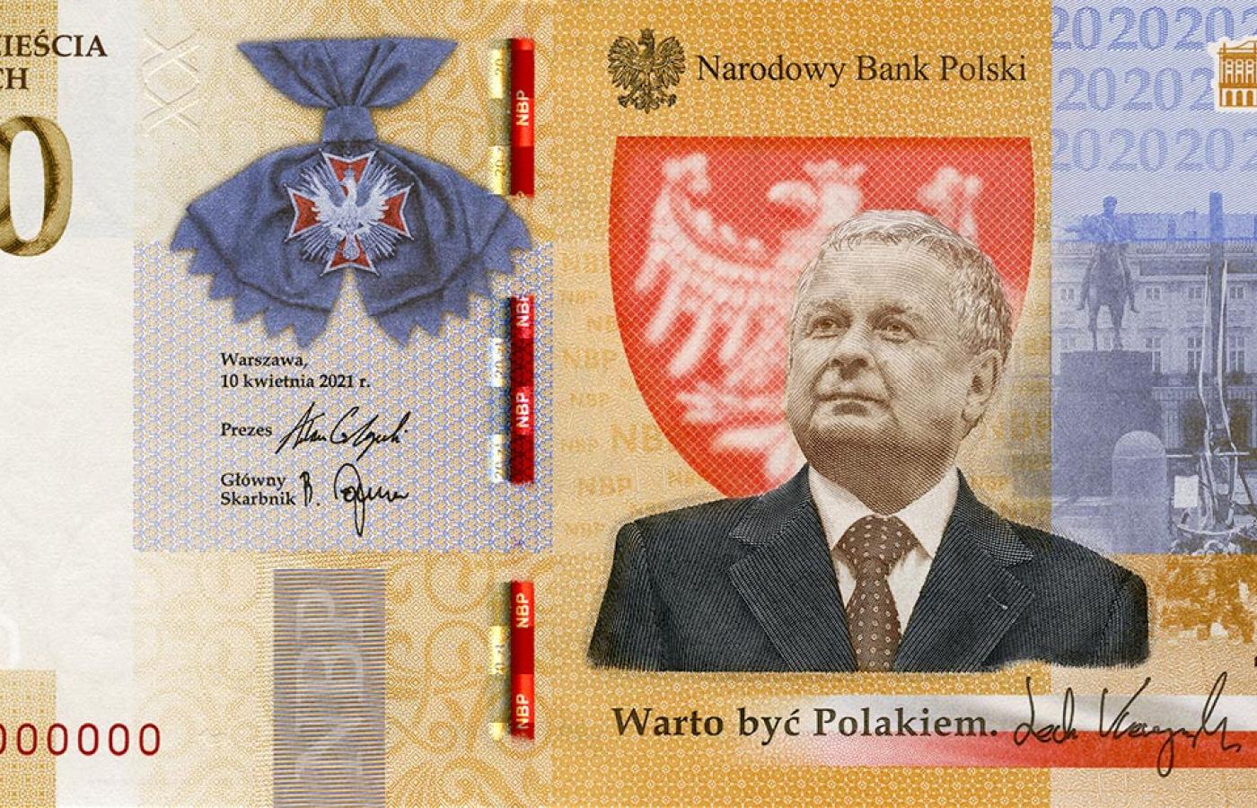 Banknot dwudziestozłotowy z Lechem Kaczyńskim, element kampanii wizerunkowej prezesa NBP Adama Glapińskiego