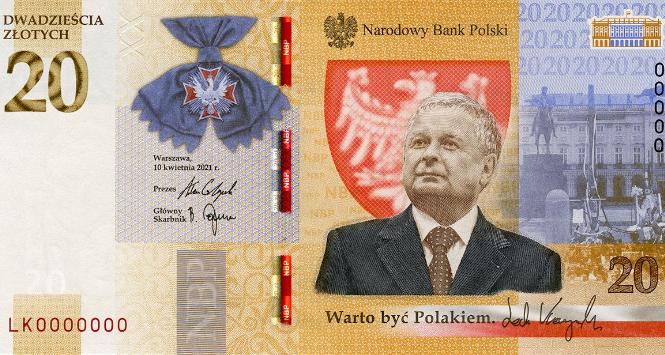 Banknot dwudziestozłotowy z Lechem Kaczyńskim, element kampanii wizerunkowej prezesa NBP Adama Glapińskiego