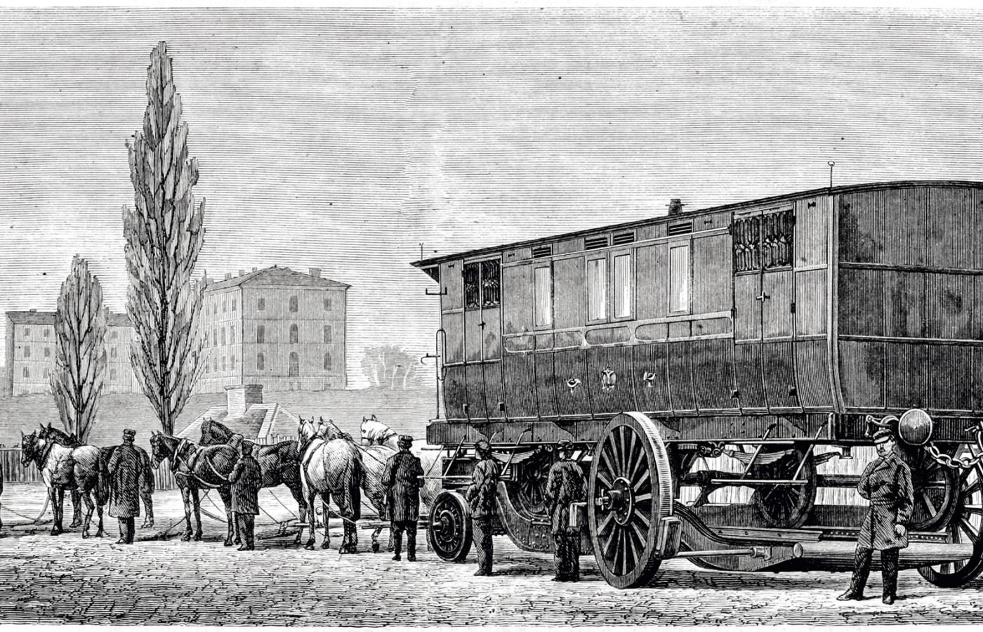 Przeprowadzenie wagonu pocztowego z fabryki Lilpopa na tory Kolei Warszawsko-Petersburskiej - grawiura z II poł. XIX w.