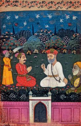Guru Nanak (ubrany na biało) z muzułmańskim muzykiem Mardaną (po prawej z mandoliną) i monarchą, ilustracja z manuskryptu, XVI w.