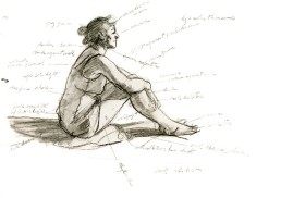 Jak tworzył? Najpierw powstawał szkic. Tutaj, w 'Studium porannego słońca' z 1952 r. widać komentarze odnośnie padającego na postać światła i jego niuansów.