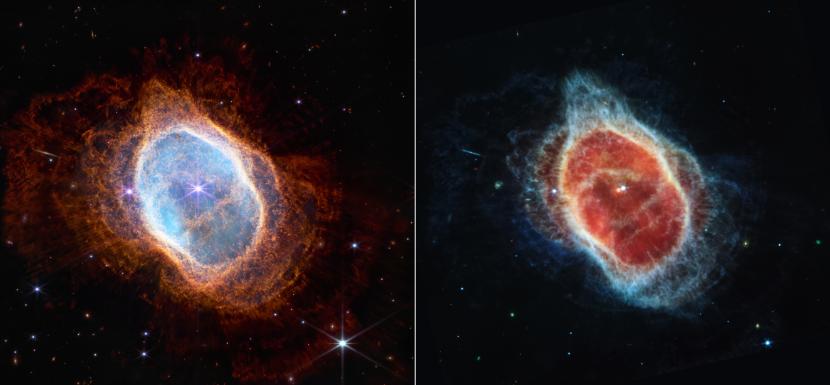 Mgławicę Pierścień Południowy – ostatnie momenty umierającej gwiazdy – Kosmiczny Teleskop Jamesa Webba ukazał w najdrobniejszych szczegółach. Po lewej zdjęcie w świetle widzialnym, po prawej w podczerwieni.