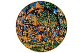 Szesnastowieczne wyobrażenie zmagań Juliusza Cezara z Pompejuszem na majolikowym talerzu zdobionym przez Oracio Fontanę.