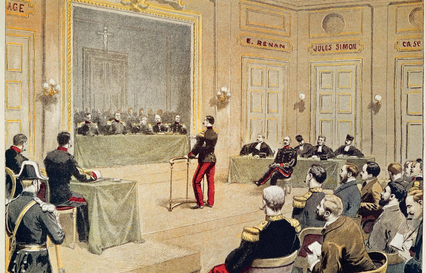 Dreyfus przed sądem, litografia z epoki.