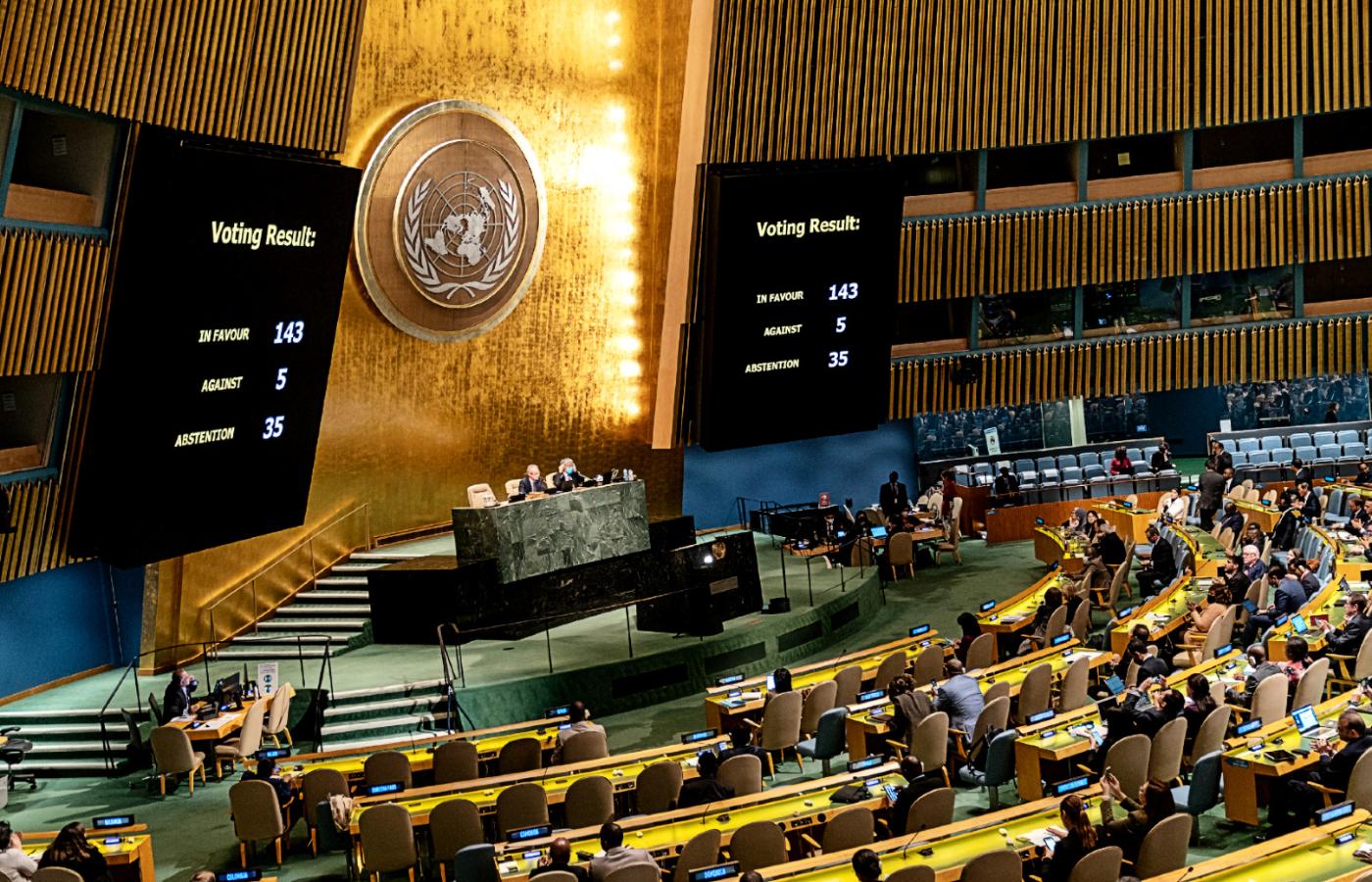 Za przyjęciem rezolucji ONZ potępiającej wcielenie siłą do Federacji Rosyjskiej Doniecka, Ługańska, Zaporoża i Chersonia opowiedziały się 143 kraje. 12 października 2022 r.
