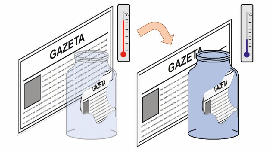 Schłodzony w zamrażarce słoik zaparowuje, ale posmarowane detergentem powierzchnie pokrywają się cienkimi przezroczystymi warstewkami wody.