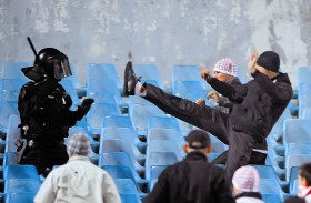 Polscy pseudokibice podczas 'gościnnych występów' w Bratysławie, podczas meczu Słowacja - Polska.