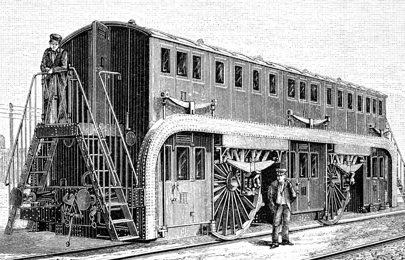 Dwupokładowy wagon kolei brazylijskich; grafika z 1885 r.