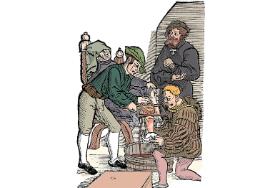 Amputacja nogi bez znieczulenia. Po prawej stoi mężczyzna gotów silnym ciosem doprowadzić pacjenta do nieprzytomności. Drzeworyt z holenderskiego wydania książki o chirurgii Hansa von Gersdorffa, 1593 r.