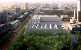 Gmach Muzeum Sztuki Nowoczesnej w Warszawie stanie po północnej stronie Placu Defilad.