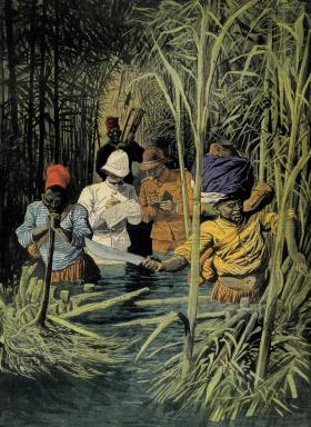 Wytyczanie granicy francusko-niemieckiej w Kongo po zawarciu porozumienia w listopadzie 1911 r. - rycina z epoki.