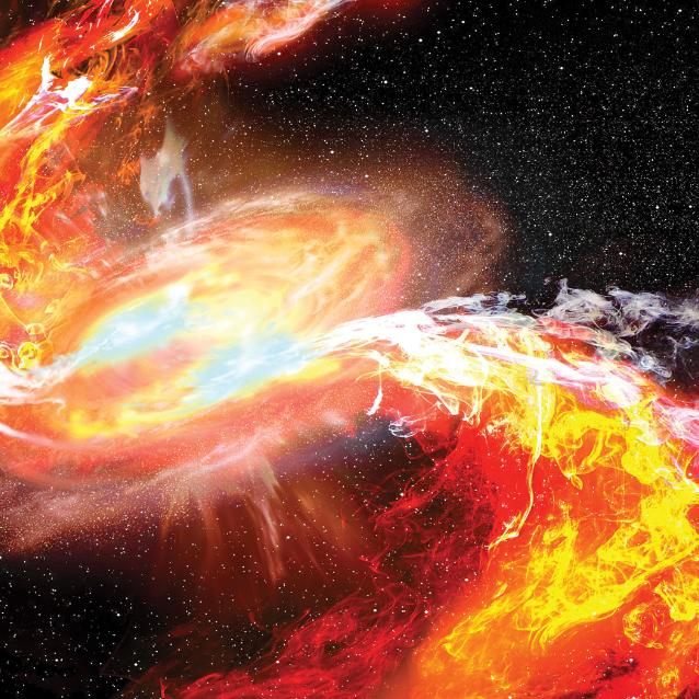 Dwie gwiazdy neutronowe zmierzają po spirali ku wybuchowej kolizji. Najnowsze dowody potwierdzają słuszność koncepcji, że wiele ciężkich pierwiastków układu okresowego powstaje w wyniku takich zderzeń.