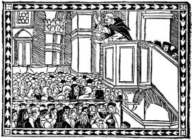 Kazanie Savonaroli, drzeworyt z epoki.