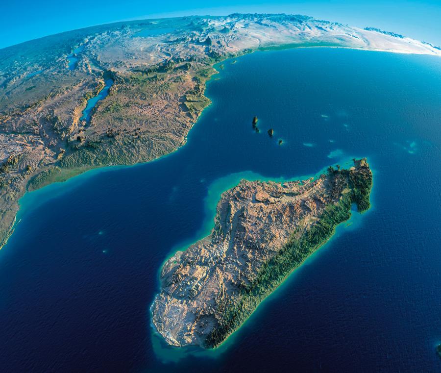 Madagaskar na zmodyfikowanym przez naukowców z NASA zdjęciu satelitarnym, na którym uwypuklono rzeźbę terenu oraz szatę roślinną.