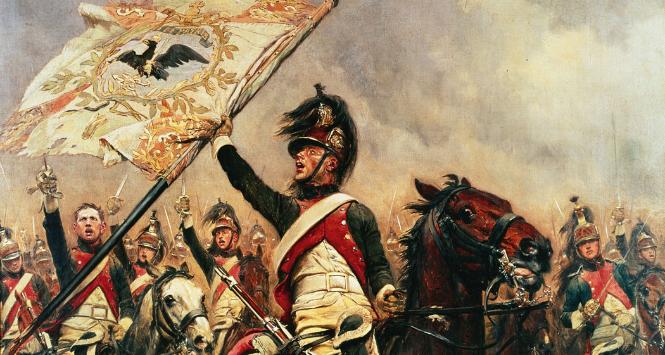 Bitwa pod Jeną i Auerstedt, 1806 r. Francuski dragon z 4 pułku zdobywa pruski sztandar. Już niedługo Napoleon pogrzebie I Rzeszę Niemiecką. Obraz olejny Edouarda Detailleza z 1898 r.