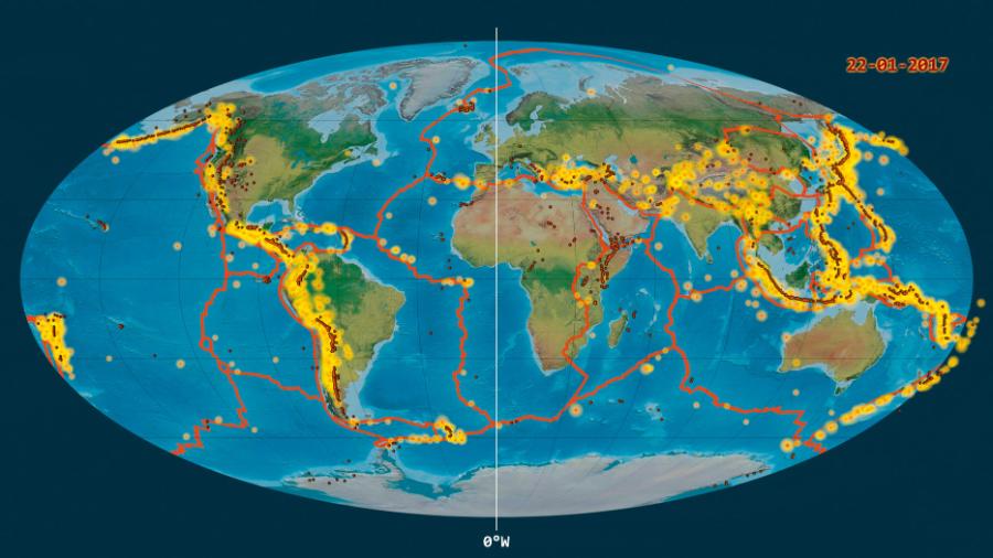 Silne ­trzęsienia ziemi na ­świecie do 2017 r. (­żółty) wraz z granicami płyt ­tektonicznych (czerwone linie).