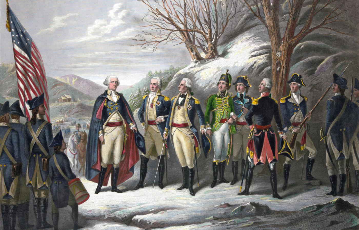 Bohaterowie rewolucji: pierwszy z lewej George Washington, trzeci - pruski baron von Steuben, następnie Kazimierz Pułaski i Tadeusz Kościuszko oraz francuski markiz de Lafayette, staloryt z XIX w.