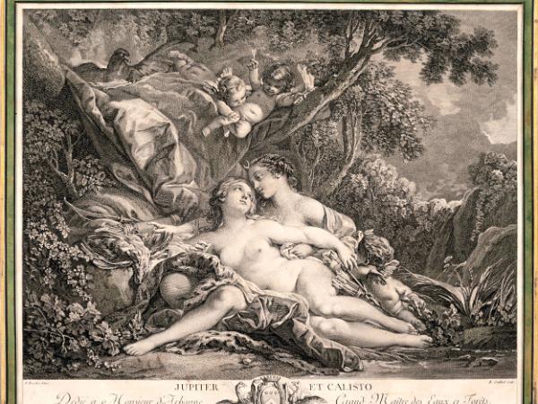 Jupiter i nimfa Kallisto; rycina René Gaillarda, 1777 r., z Łazienek Królewskich w Warszawie.