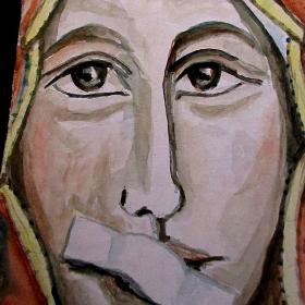 Wizerunek Matki Boskiej z zaklejonymi ustami, wykorzystywany w akcji „Maria 2.0”