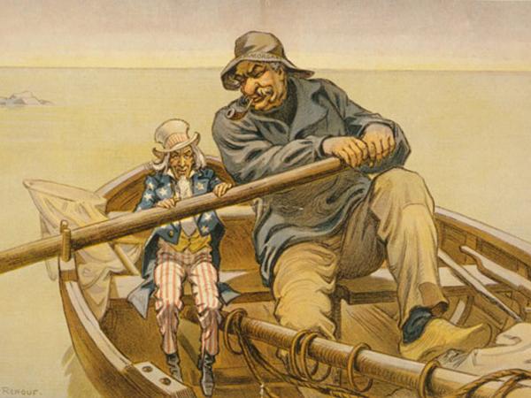 Karykatura z 1911 r. z pisma Puck Magazine, przedstawiająca J.P. Morgana w towarzystwie Wuja Sama.