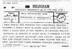 Telegram zawiadamiający Marię Gryczkiewicz o śmierci syna.