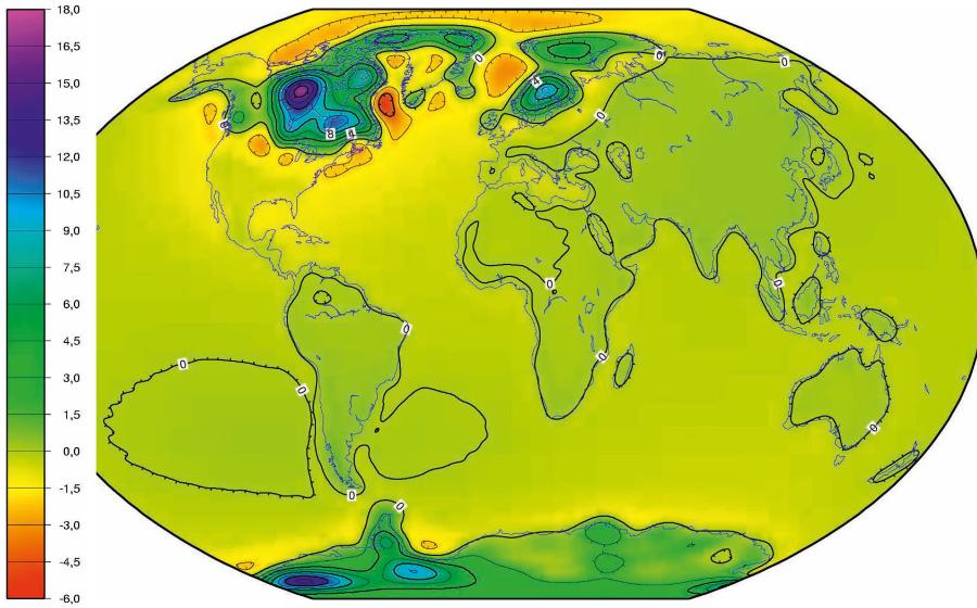 Ruchy izostatyczne na kuli ziemskiej zmierzone przez satelitę GRACE (źródło: A. Paulson i in., Geophys. J. Int., 2007).