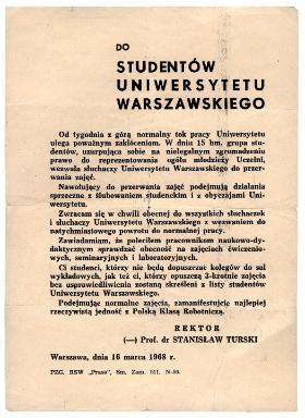 Odezwa rektora UW do studentów z 16 marca 1968 r.