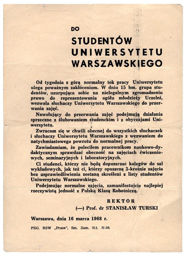 Odezwa rektora UW do studentów z 16 marca 1968 r.