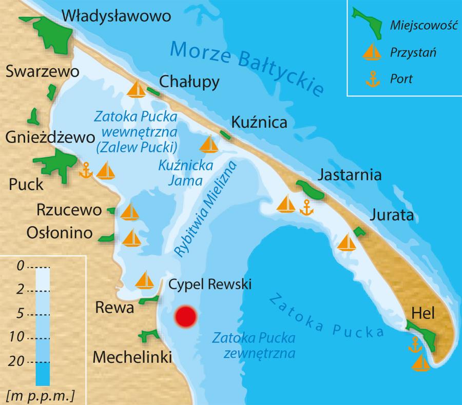 Mapa Zatoki Puckiej i lokalizacja dyfuzorów solanki (zaznaczone na czerwono). W latach 70. wody te były jednymi z najbardziej zanieczyszczonych rejonów Bałtyku.