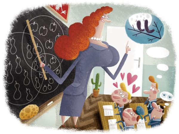 Robiąc słodkie miny do psora uczeń lub uczennica pokazują za plecami klasie, że naprawdę to oni go robią w konia.