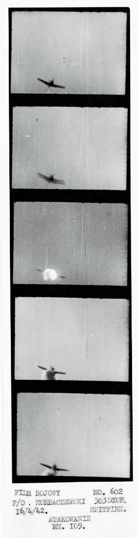 Film bojowy nr 602. Atakowanie messerschmitta przez spitfire’a pilotowanego przez Eugeniusza Horbaczewskiego z 303. dywizjonu, 16 kwietnia 1942 r.
