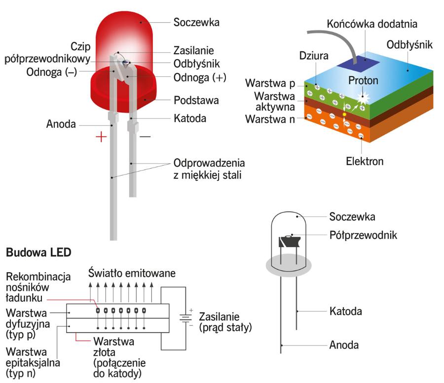 Budowa LED. Działanie ­diody opiera się na rekombinacji nośników ładunku. Zjawisko to zachodzi w półprzewodnikach, gdy energia tracona przez elektrony zamienia się w promieniowanie elektromagnetyczne.