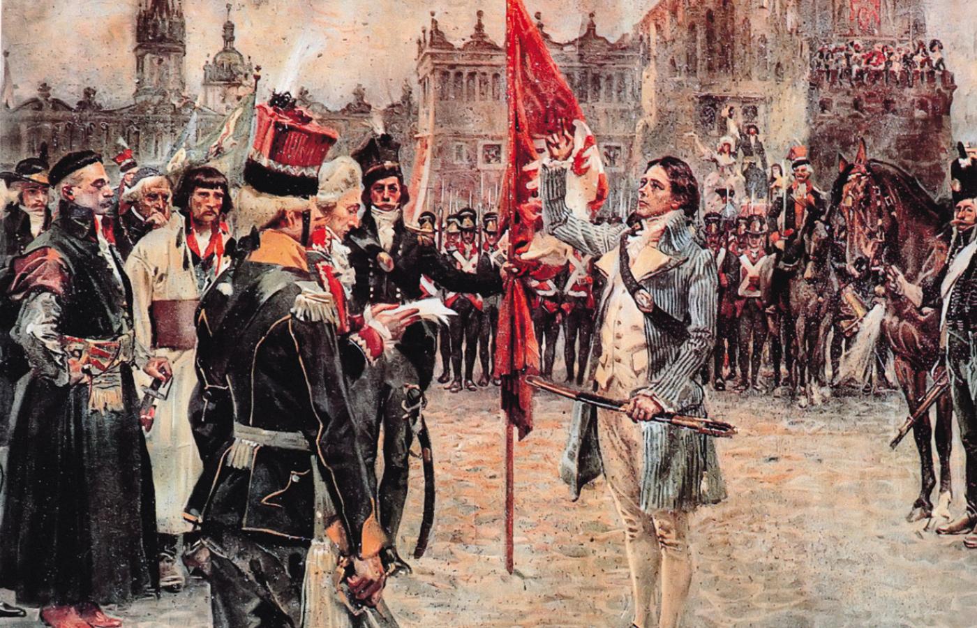 Przysięga Tadeusza Kościuszki na Rynku w Krakowie 24 marca 1794 r. w obecności przedstawicieli różnych stanów.