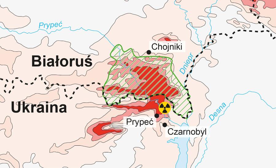 Mapa ­skażenia ­cezem-137 (ciemnoczerwony – ponad 40 Ci/km2). Na zielono zaznaczono ­obszar Poleskiego Rezerwatu Radiacyjno- -Ekologicznego.