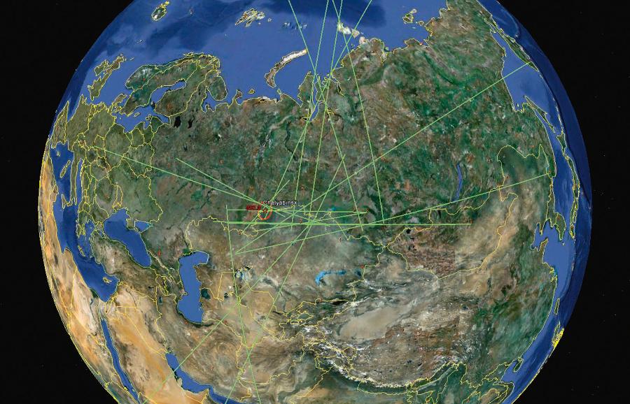 17 stacji infradźwiękowych systemu IMS zarejestrowało eksplozję meteorytu w pobliżu Czelabińska w Rosji (2013 r.).