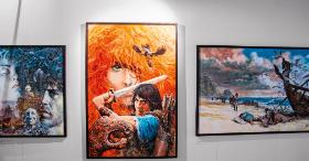 Prace Grzegorza Rosińskiego. Od lewej: okładka do powieści Amélie Sarn „Thorgal. Tom 2: Wyprawa do Krainy Cieni”, 2010 r.Obraz na okładkę audiobooka „Thorgal. Zdradzona czarodziejka. Wyspa wśród lodów”, 2014 r. „Thorgal i rozbitkowie”, niepublikowany obraz, 2019 r.