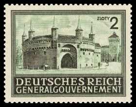 Krakowski Barbakan na znaczku pocztowym.