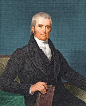 John Marshall, który jako prezes Sądu Najwyższego wzmocnił pozycję trzeciej władzy, grafika z ok.1800 r.