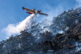 Samolot strażacki zrzuca wodę podczas pożaru lasu w Koropi. 40 km dalej, w Atenach, były rekordowe 44 stopnie.