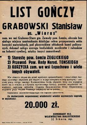 List gończy za dowódcą oddziału NSZ na pograniczu Mazowsza i Podlasia, zdradzonym i zabitym przez żołnierzy KBW w marcu 1952 r.