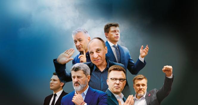 Od lewej: Sławomir Mentzen, Janusz Palikot, Robert Biedroń, Paweł Kukiz, Szymon Hołownia, Ryszard Petru i Adrian Zandberg.
